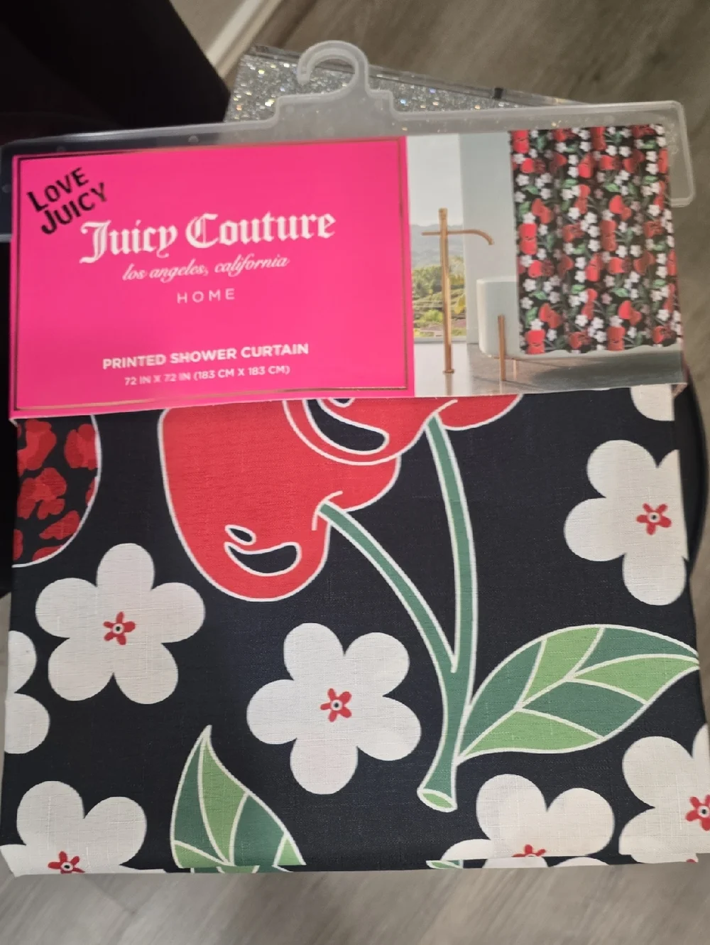 Juicy Couture Home Red Cherry & White Flower Print Shower Curtain